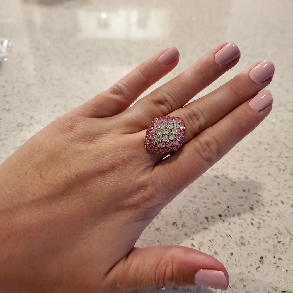 Pink Silver Rhinestone Statement Ring Adjustable … - image 7